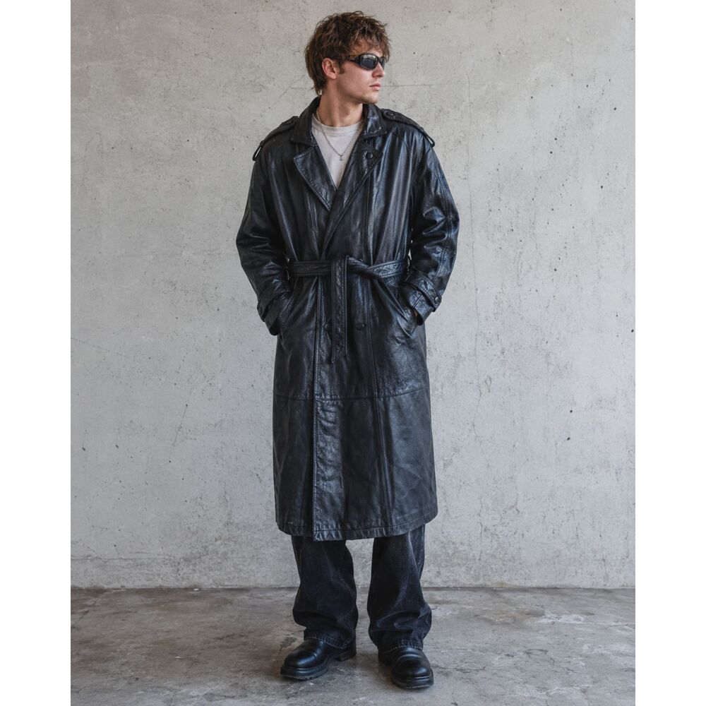 Black Leather Long Matrix Trench Coat Jacket  Mens Size XL